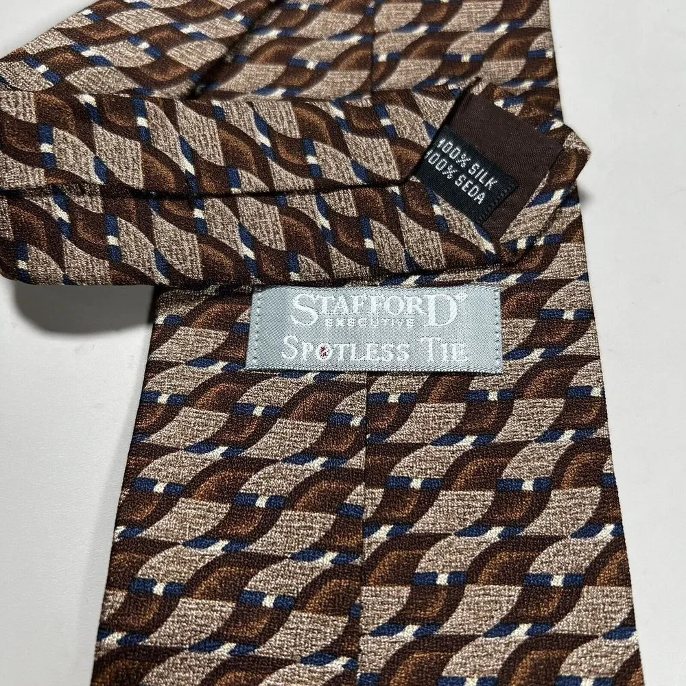 Stafford‎ Executive The Spotless Tie, Mens 100% Silk,Brown Geometric